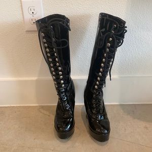 Ellie Platform Knee High Leather Lace Up Boot Heel